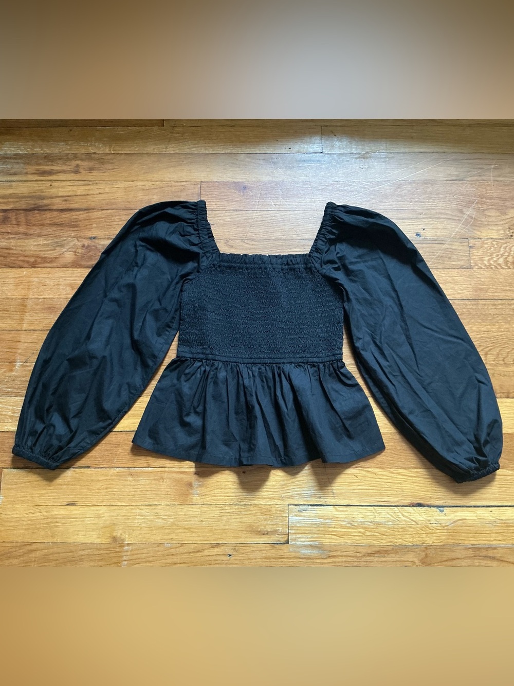 J. Crew Size XXS Black Smocked Square-Neck Peplum Top with Puff Sleeves
